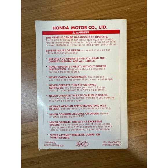 Honda Owner's Manuel 97 TRX400FW FOURTRAX FOREMAN 400 - Picture 2 of 4